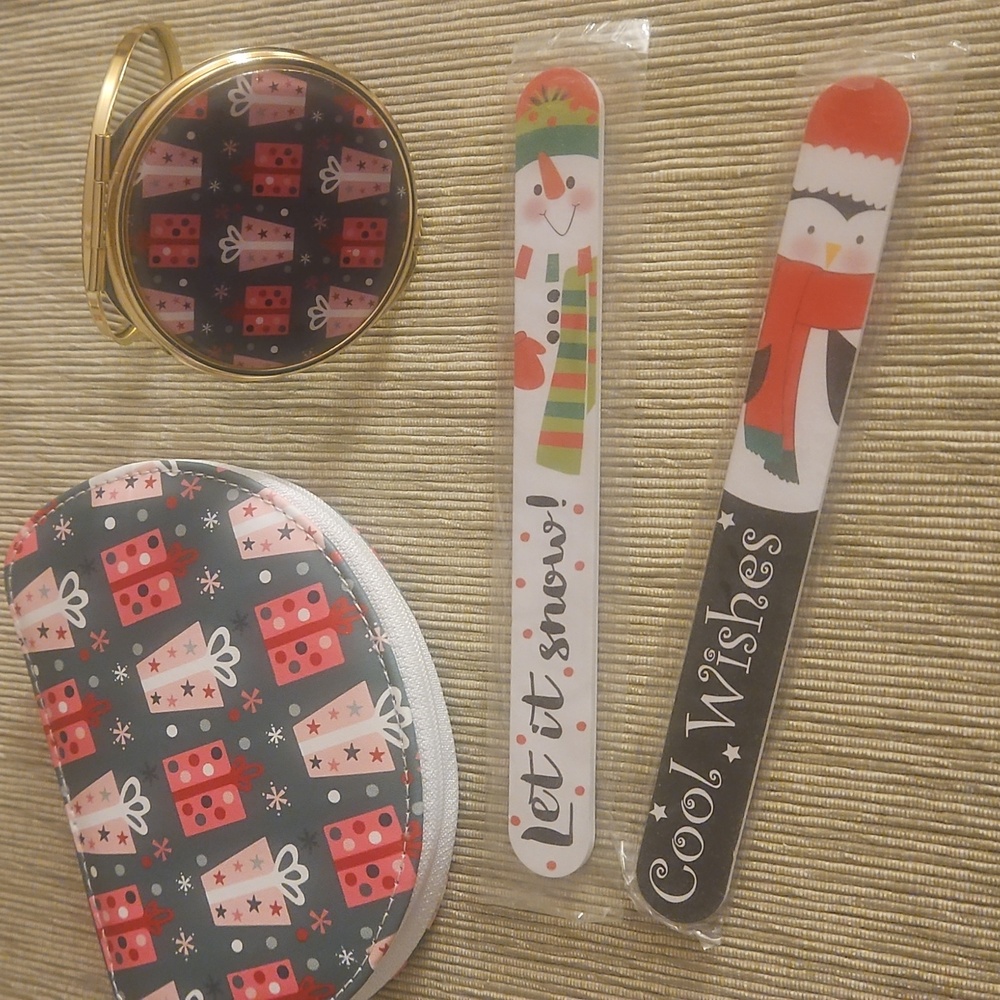 Gold Compact Mirror w/ Festive Design & Matching Manicure Set + 2 Emery Boards.